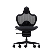 A modern black ergonomic office chair with a high contoured backrest, breathable gray mesh back panel, and a five-wheel wheeled base, shown from a front-facing perspective on a solid white background.