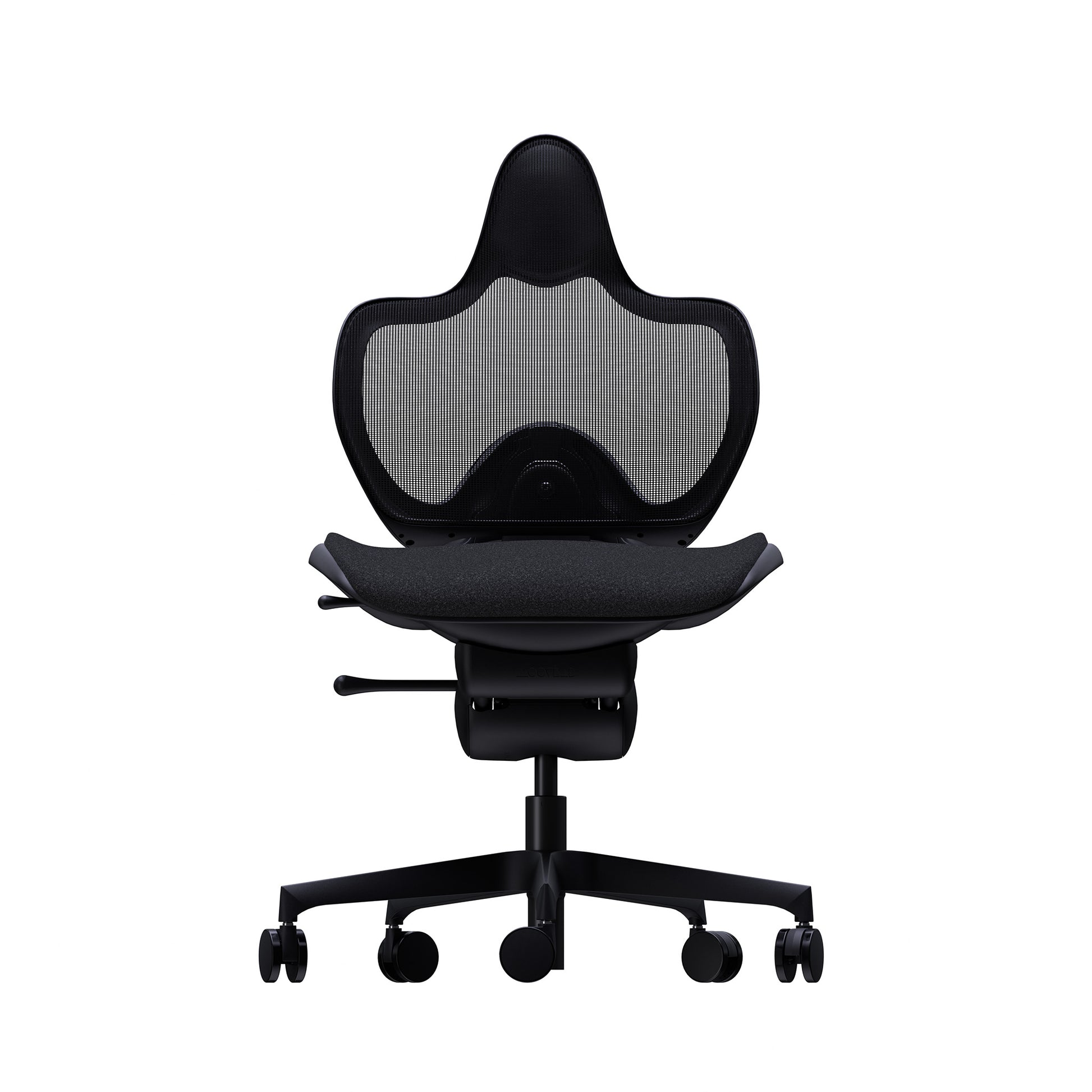 A modern black ergonomic office chair with a high contoured backrest, breathable gray mesh back panel, and a five-wheel wheeled base, shown from a front-facing perspective on a solid white background.