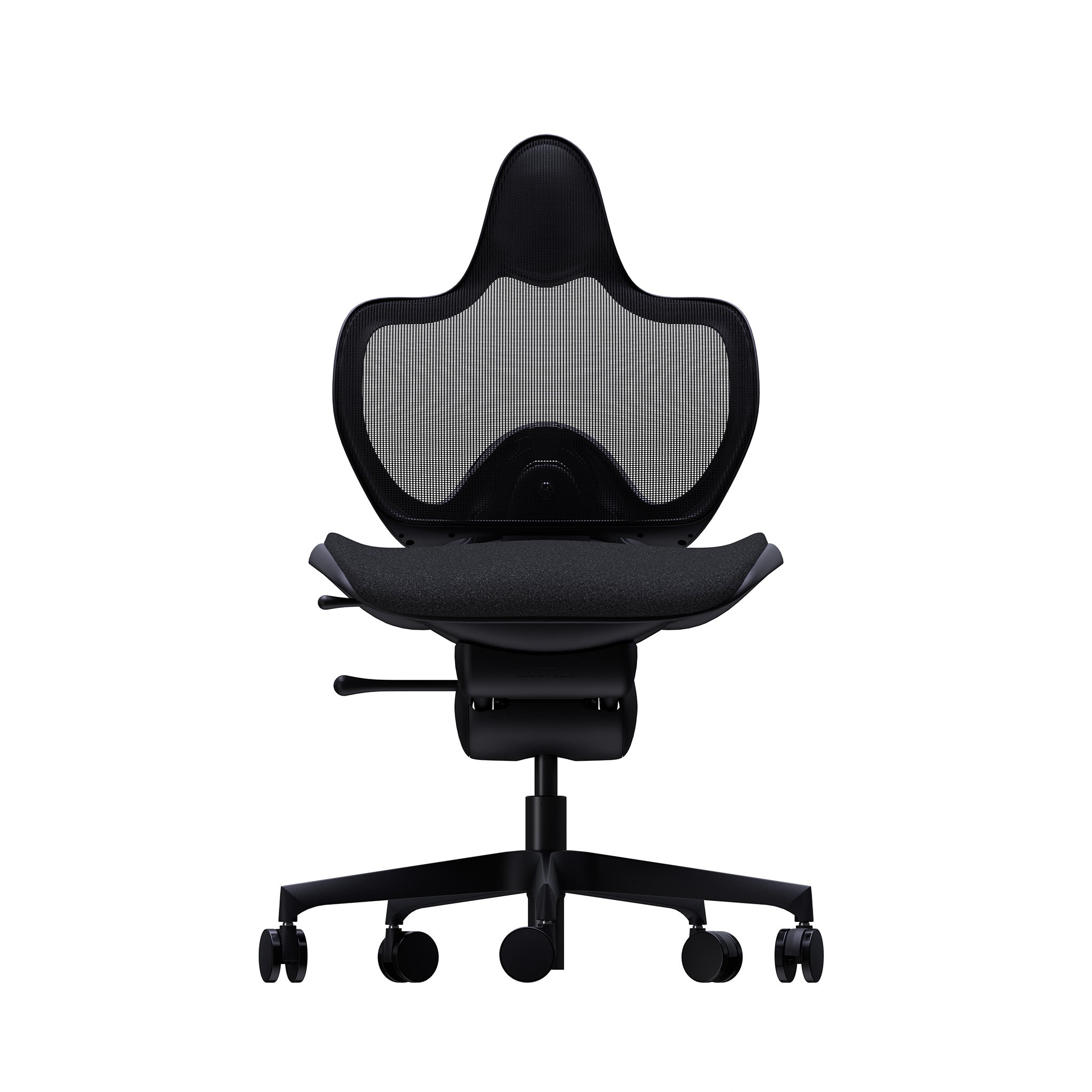 A modern black ergonomic office chair with a high contoured backrest, breathable gray mesh back panel, and a five-wheel wheeled base, shown from a front-facing perspective on a solid white background.
