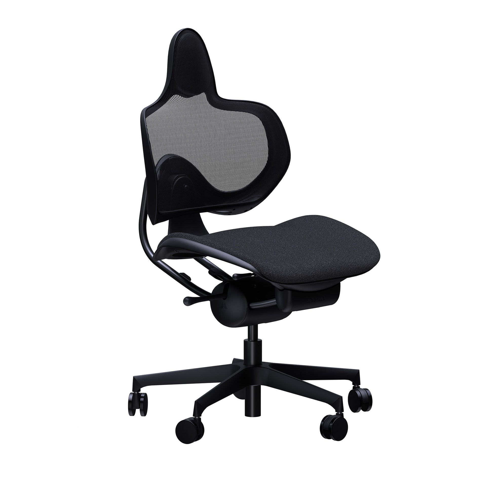 A modern black ergonomic office chair with a mesh backrest, padded seat, and five-wheel base, shown against a plain white background.