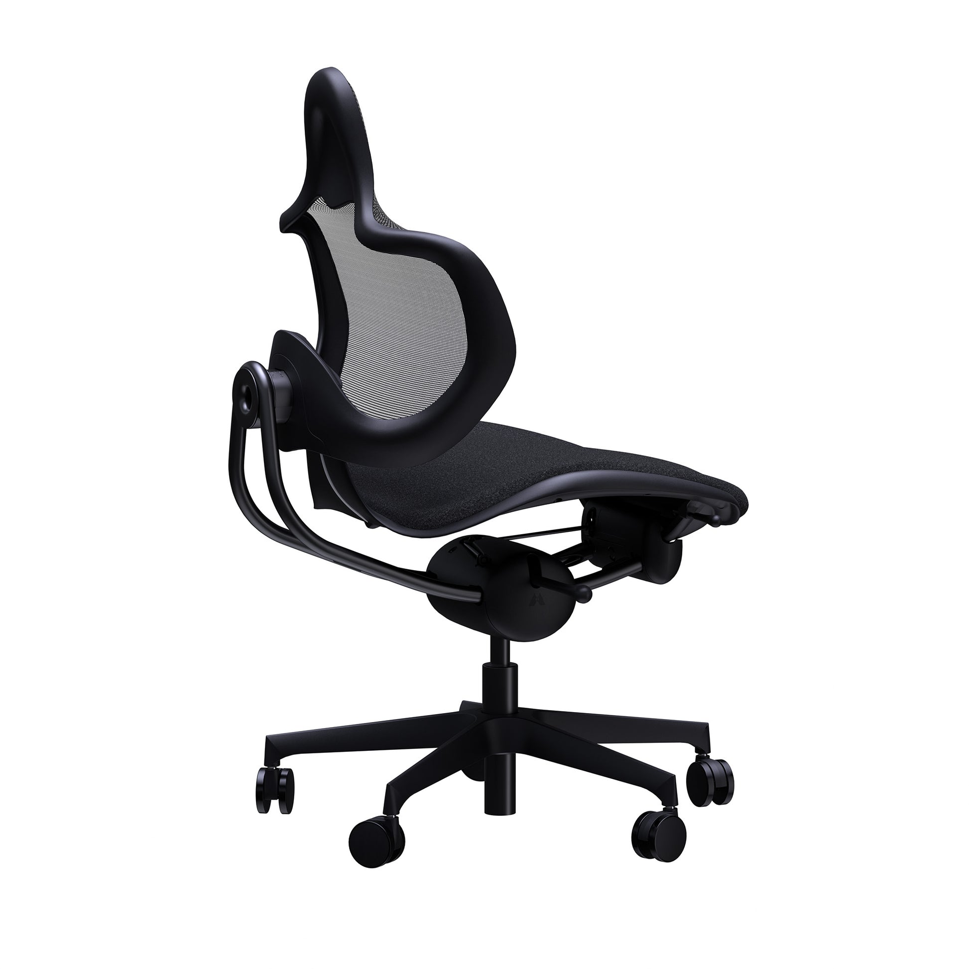 A modern ergonomic office chair with a black mesh backrest, black padded seat, and a five-star wheeled base, shown against a plain white background.