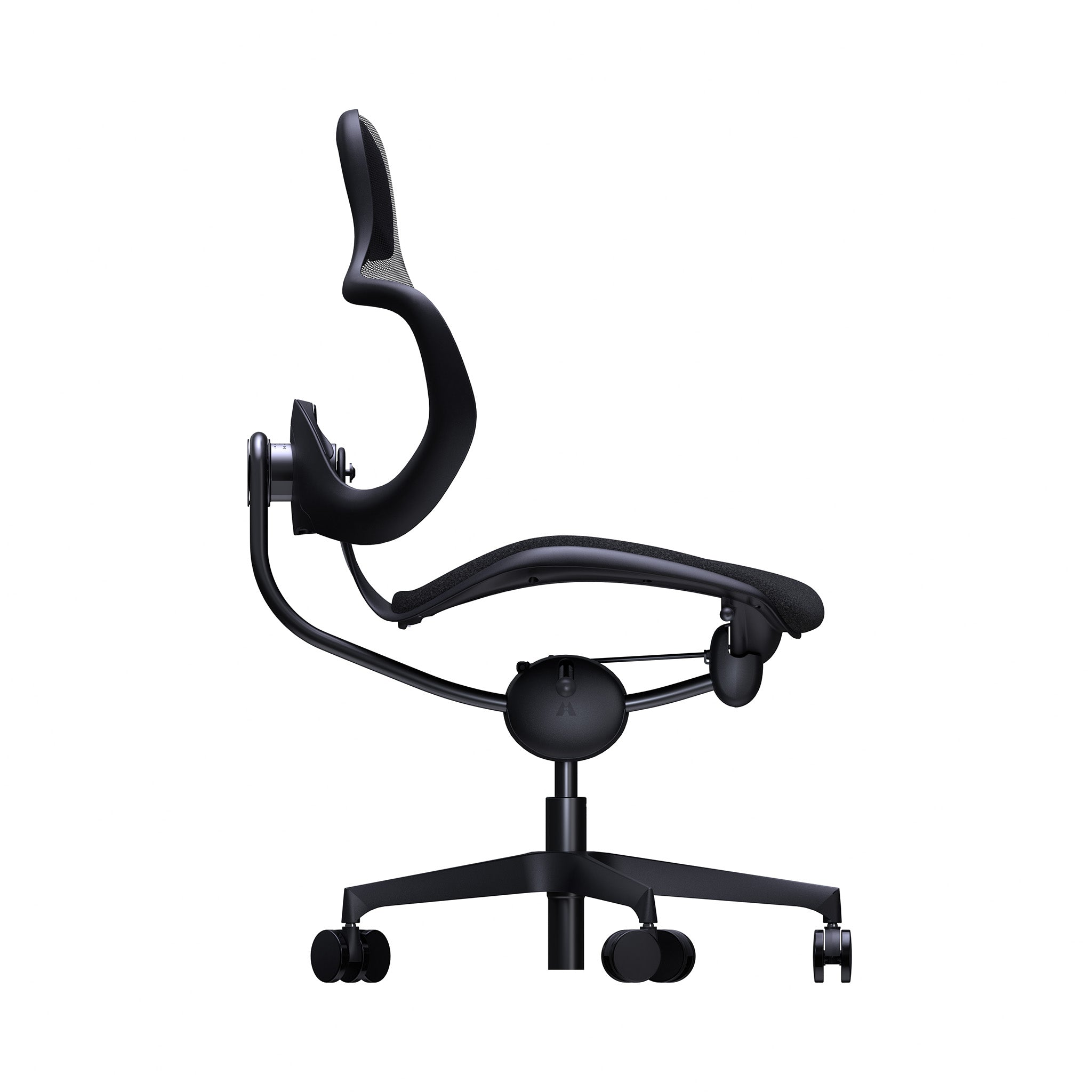 A black ergonomic office chair with a curved backrest, adjustable armrests, and a five-wheel base, shown from a side profile on a solid white background.