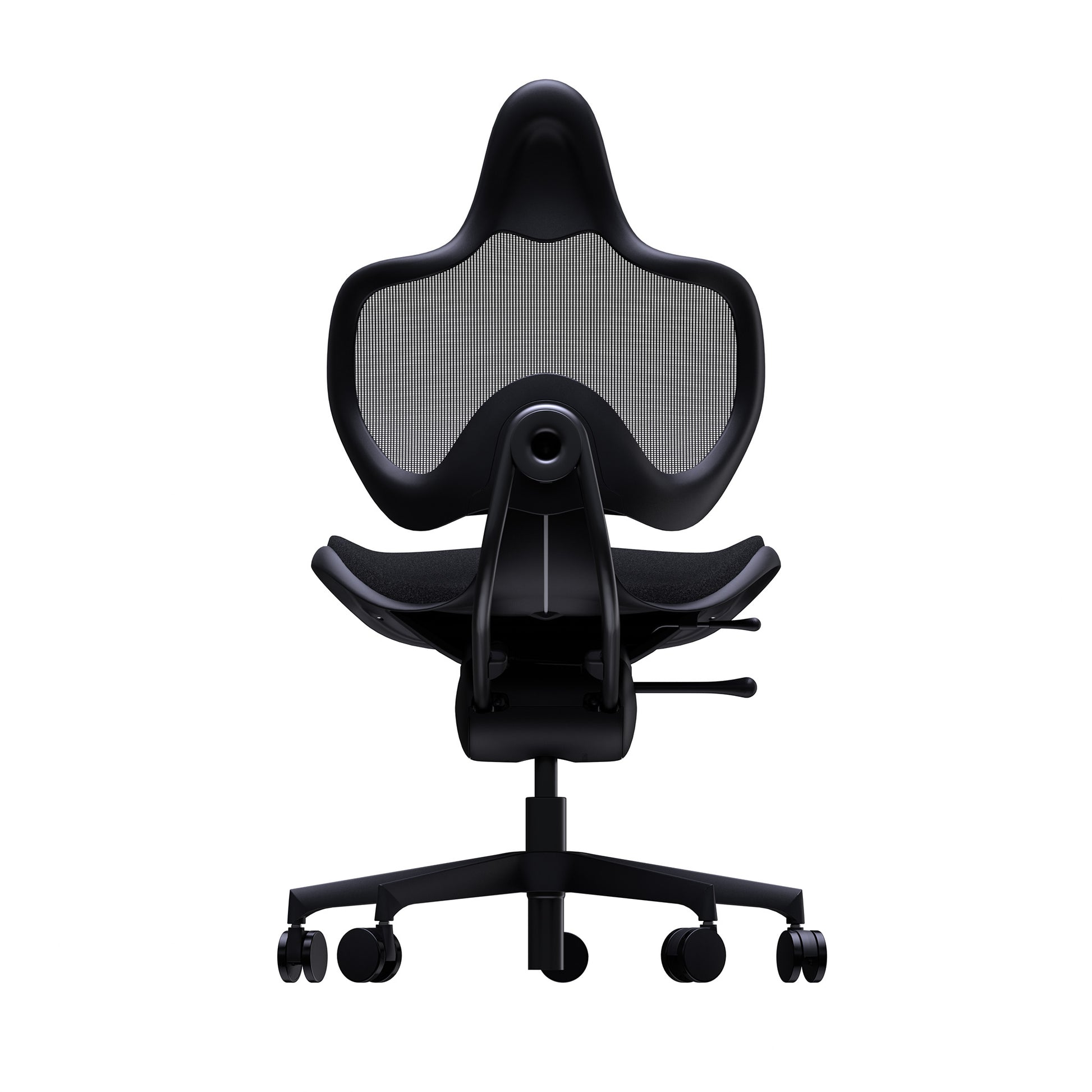 A black ergonomic office chair with a mesh backrest, curved seat, and five-wheel base, shown from the front on a solid white background.
