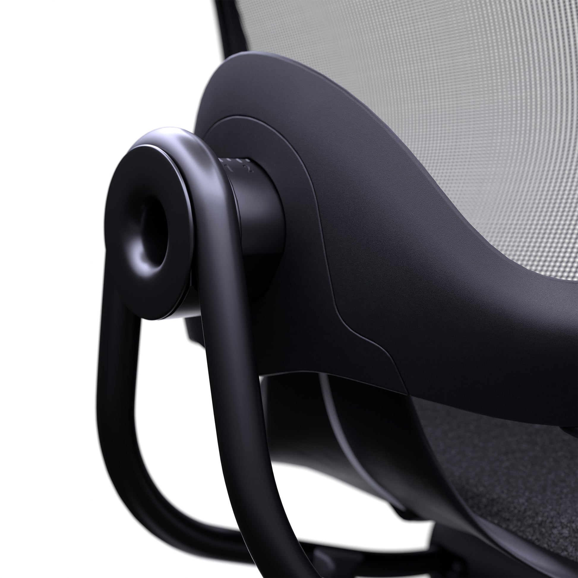 Close-up of a black office chair with a gray mesh backrest on a white background