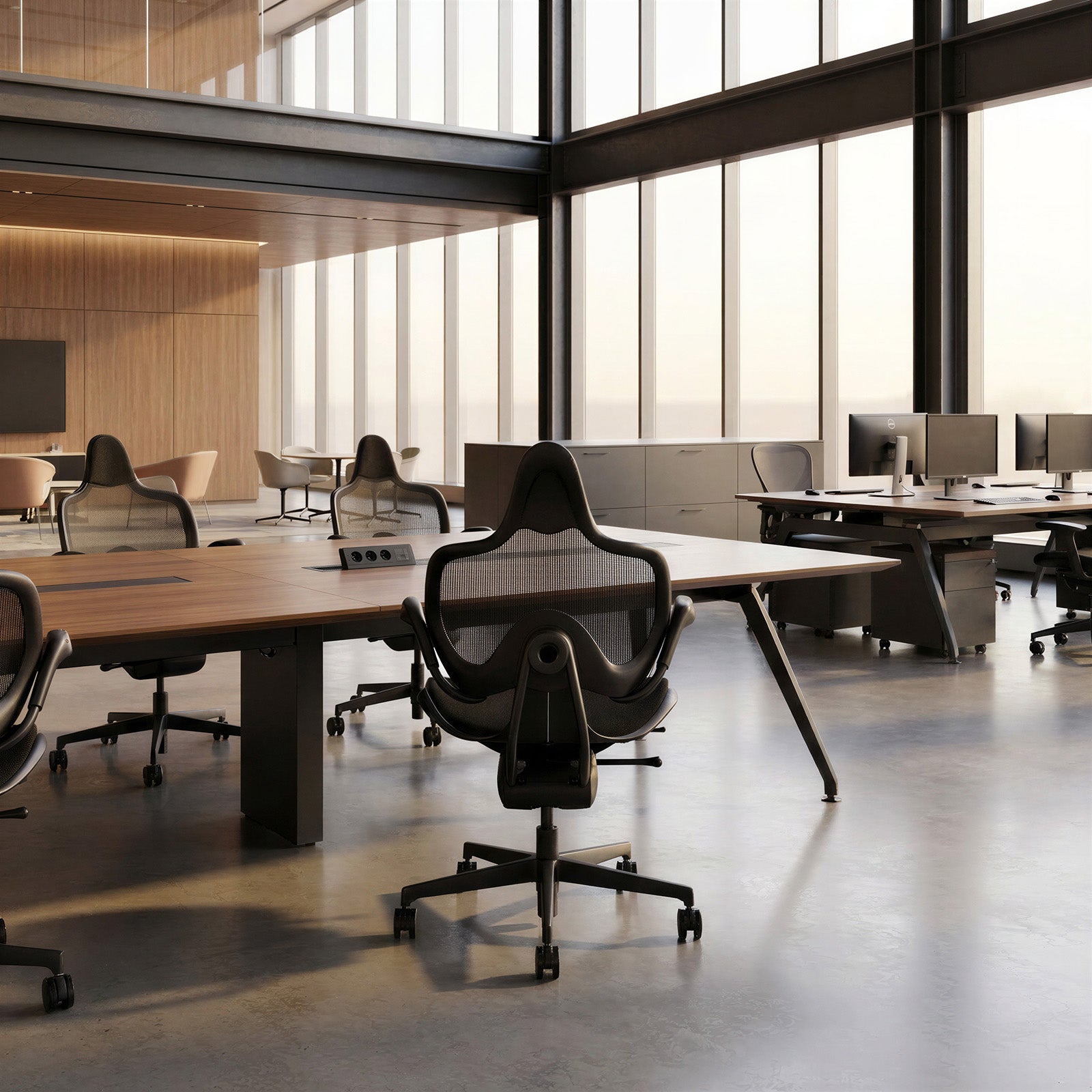 Modern office space with large windows, desks, and chairs.