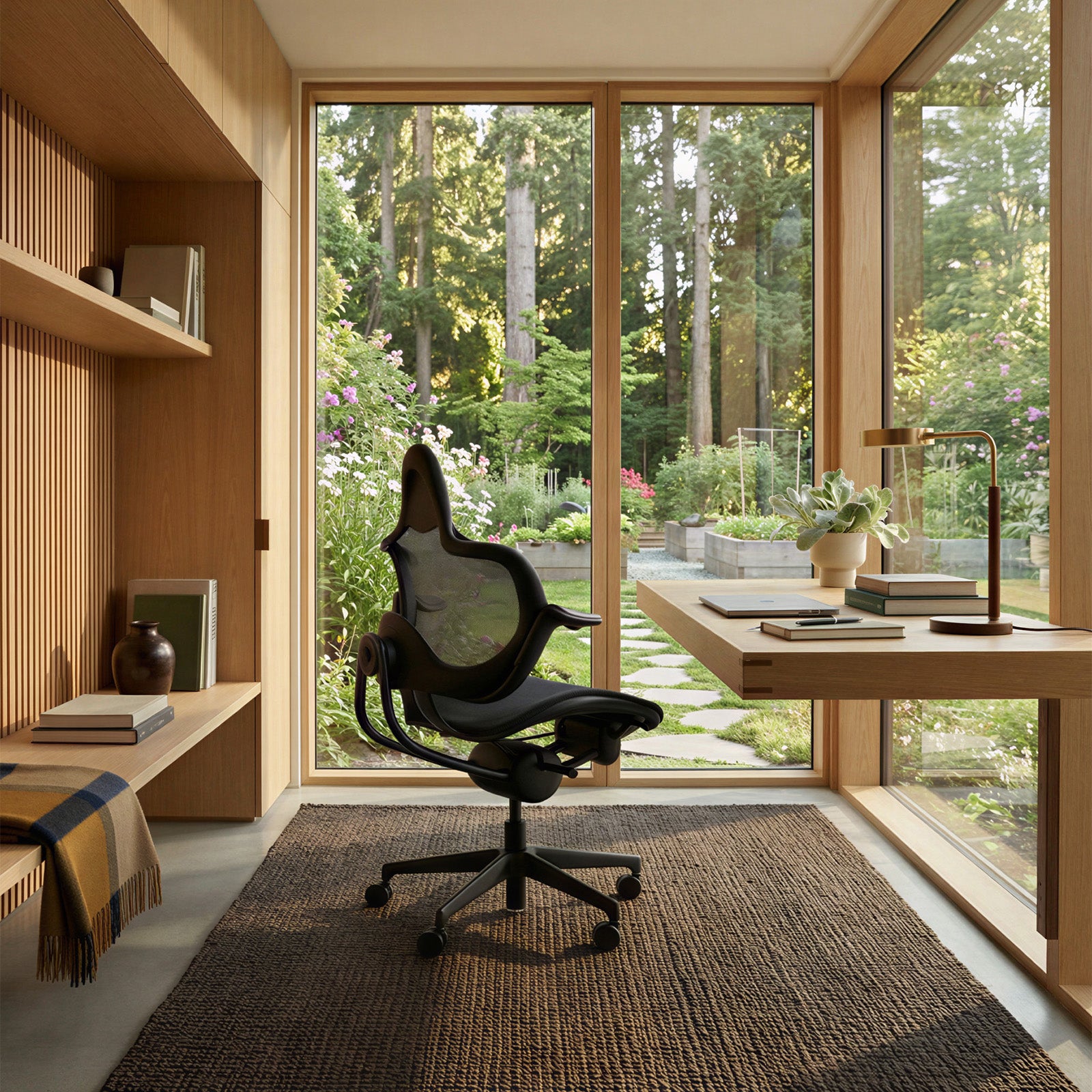 Modern home office with large windows overlooking a garden